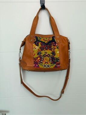 Nena & Co. Tan Leather Shoulder Bag with Multicolor Embroidered Panel